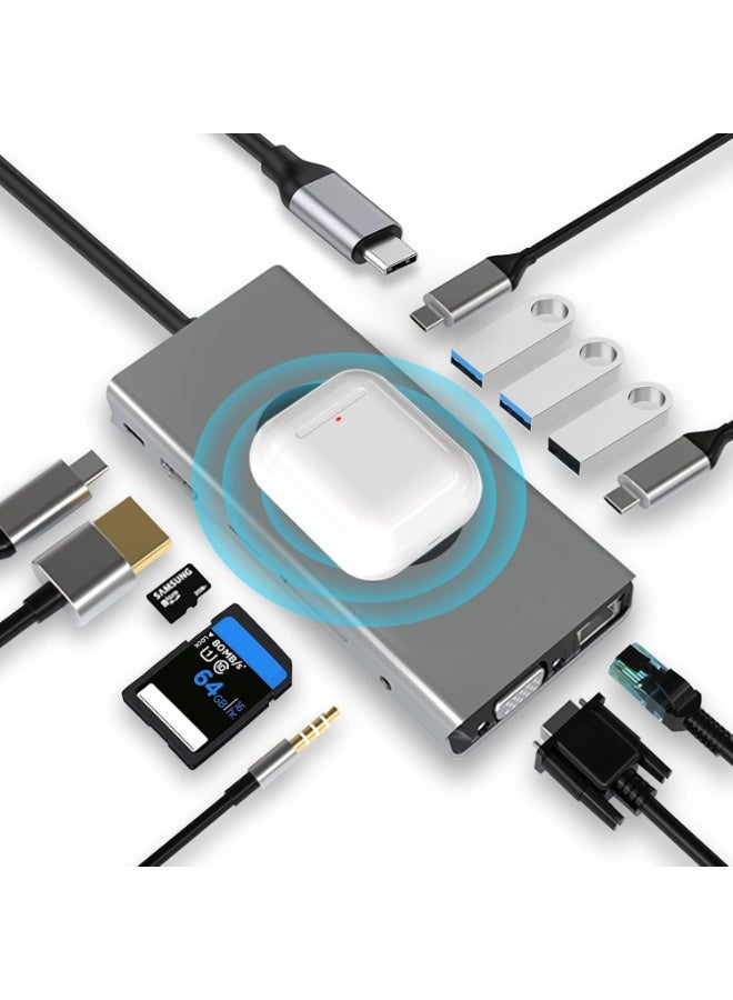 ميذ محول MT-9888W USB-C HUB Dongle مع شحن لاسلكي، محطة إرساء 13 في 1 تدعم دقة 4K بمعدل 30 هرتز، HDMI، VGA، منفذي USB 3.0، منفذي USB-C 3.0 و2.0، منفذ بطاقة SD/TF، ​​ومنفذ AUX 3.5 ملم، متوافق مع MacBook Pro وأجهزة الكمبيوتر المحمولة الأخرى. - Image 1